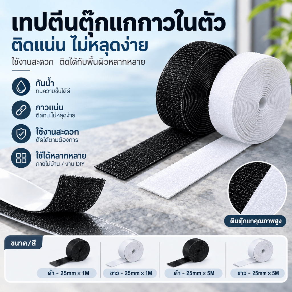 เทปตีนตุ๊กแก เทปเวลโคร กาวในตัว ยาว 5 เมตร แรงยึดเกาะสูง แบบคู่ สีดำขาว ติดผนัง ยึดของ งาน DIY