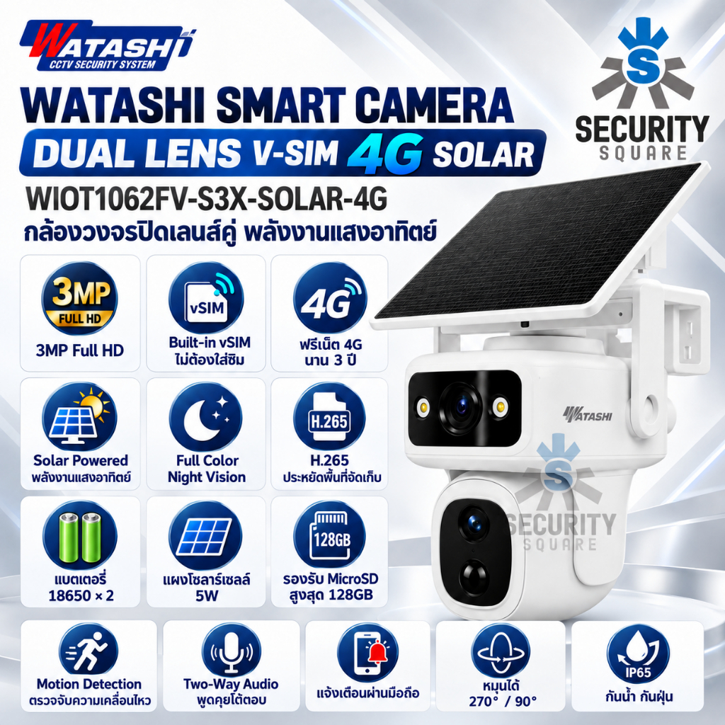 WATASHI กล้องวงจรปิดโซล่าเซลล์ 4G ไร้สาย รุ่น WIOT1062FV-S3X-SOLAR-4G 3MP+3MP DualLens มีไมค์+ลำโพง ดูออนไลน์ฟรี 3 ปี