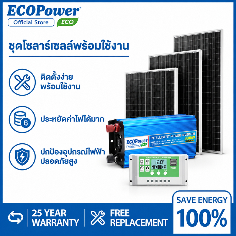 อินเวอร์เตอร์ระบบโซลาร์เซลล์ DC 12V ถึง AC 220V แผงโซลาร์เซลล์และตัวควบคุม 30A