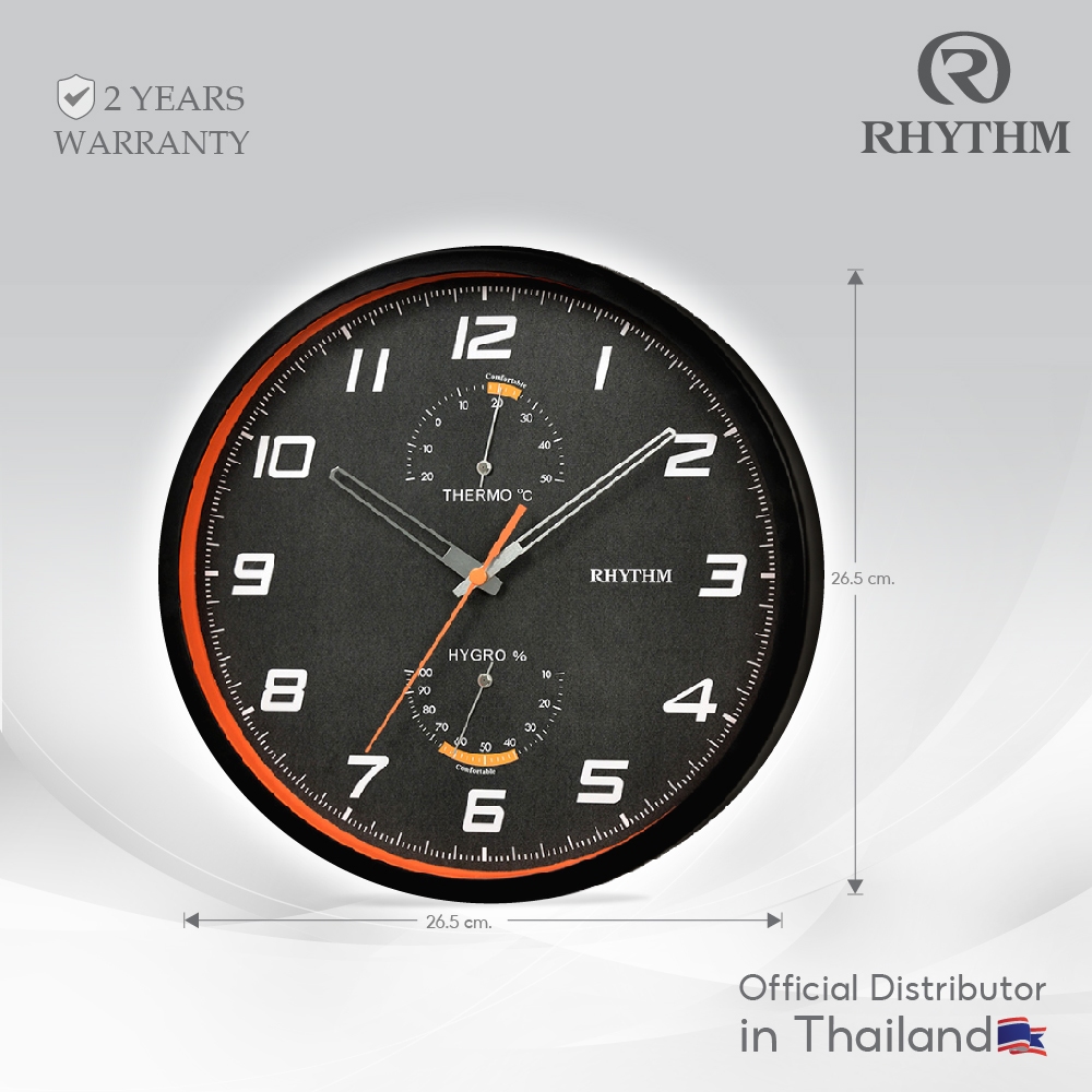 นาฬิกาแขวน RHYTHM เข็มเดินเงียบ มีเข็มบอกอุณหภูมิและความชื้น ขนาดเส้นผ่านศูนย์กลาง 26 ซม.-CFG722NR02