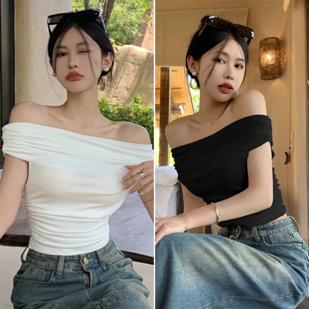 Beryl เสื้อยืดแขนสั้นเปิดไหล่เซ็กซี่ผู้หญิง สีดำสีขาวเปิดไหล่เสื้อครอปน่ารักๆ ทรงลูกคุณหนู สาวอวบใส่ได้