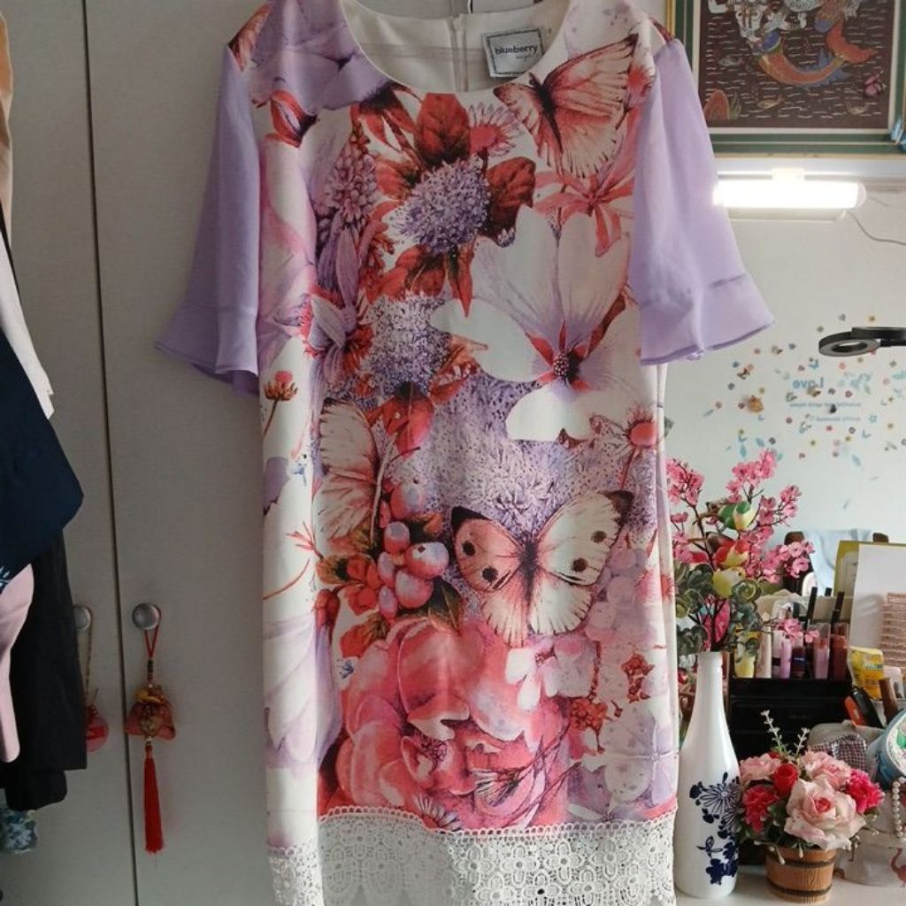 🌷ชุดเดรสทรงปล่อยลายผีเสื้อผ้าดีมาก blueberry nightมือหนึ่งไชค์Xl/2Xl💒