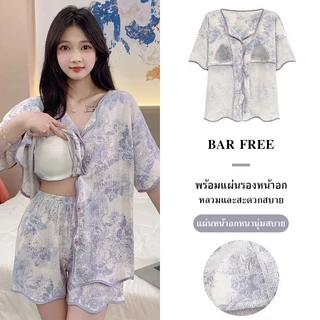 ชุดนอนแฟชั่นแขนสั้น-ขาสั้น มีฟองน้ำ สไตล์เกาหลีใส่สบาย กระดุมหน้า ระบายอากาศดี M-3XL