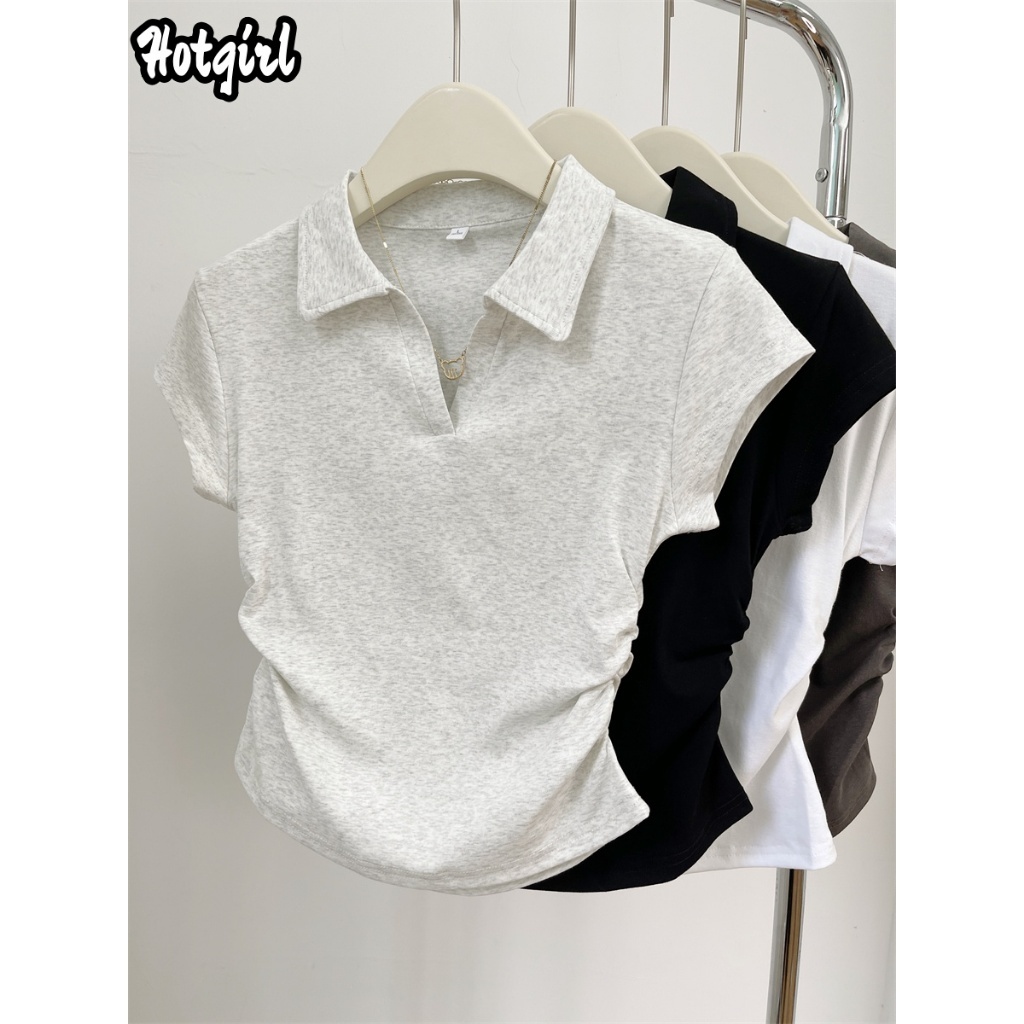 Hotgirl พร้อมส่ง เสื้อยืดผู้หญิง เสื้อยืดคอโปโล แขนสั้น ดูเรียบร้อย ดีไซน์จีบ สีพื้น สไตล์ลำลอง