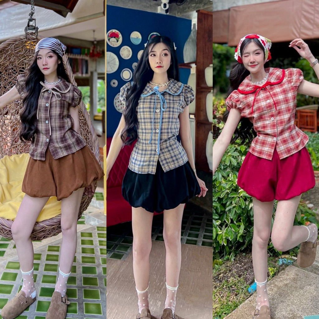 เสื้อลายสก็อตคอบัว อก 36-40 เสื้อคอบัว เสื้อลายสก็อต มีเชือกผูกหลัง