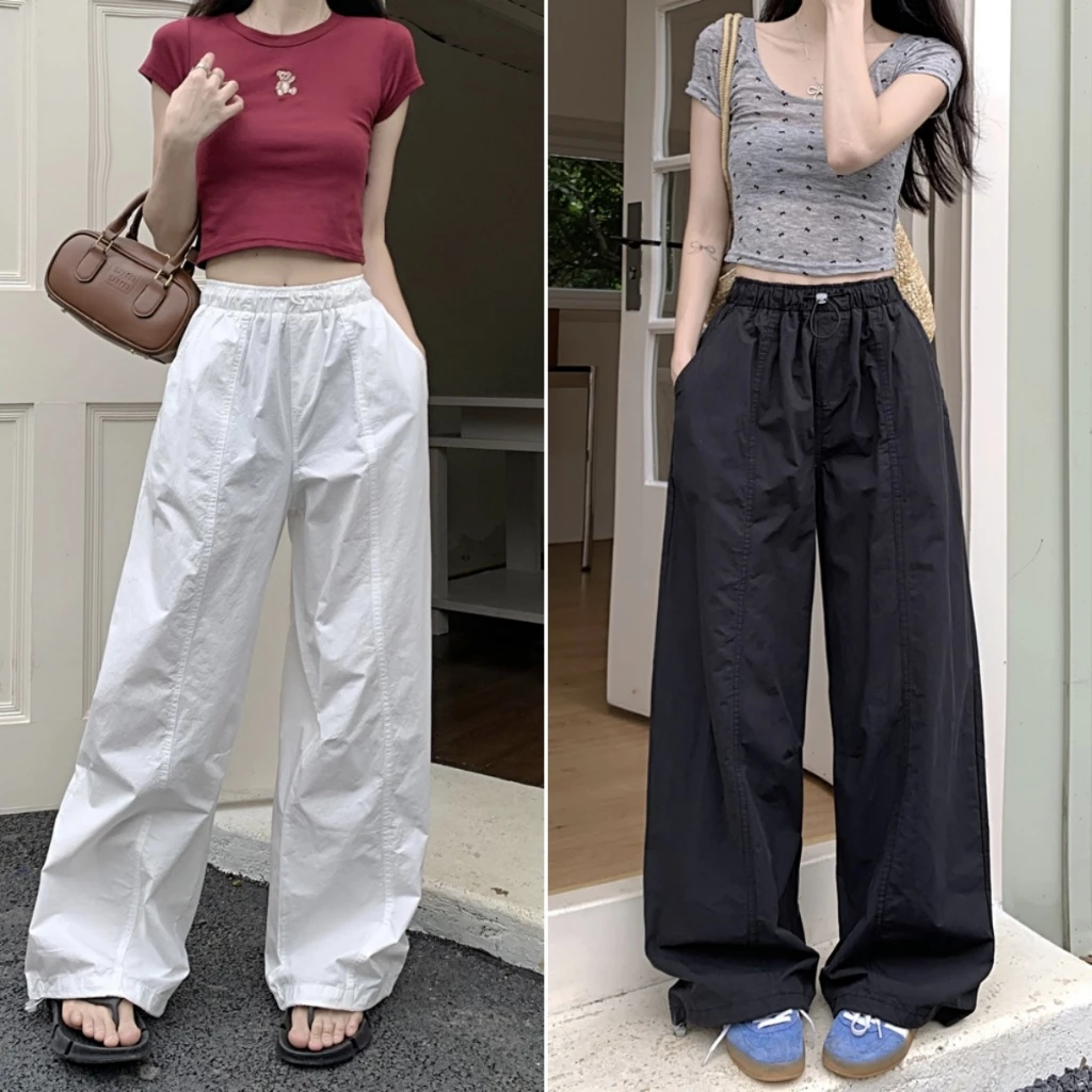 Hotgirl พร้อมส่ง กางเกงทรงหลวมผู้หญิง กางเกงขายาวใส่สบายๆ สีทึบเรียบง่ายแถบยางยืดขากว้างทรงสลิมฟิต