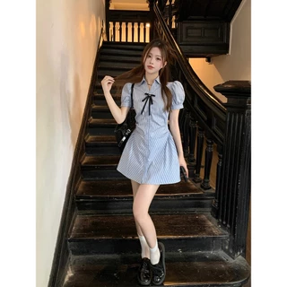 Hotgirl พร้อมส่ง ชุดเดรสน่ารักๆ ชุดเดรสลายทางสีฟ้า ดีไซน์คอโปโลสุดเก๋ แต่งโบว์ สไตล์ฝรั่งเศส