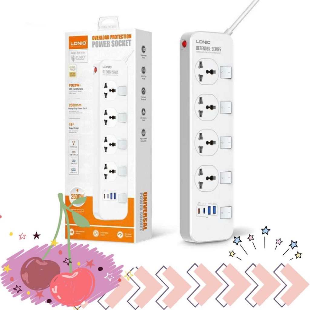 พร้อมส่งจากไทย LDNIO SC4408C ปลั๊กพ่วง 4 ช่อง 4 USB 3.4A Max universal outlet Power Strip รองรับไฟ 2