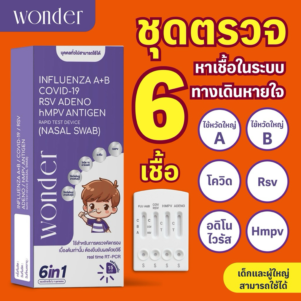 ชุดตรวจ 6 เชื้อ ไข้หวัด A/B, RSV, Covid-19 ,ADENO, hMPV  เด็กและผู้ใหญ่ Wonder Wonder home use