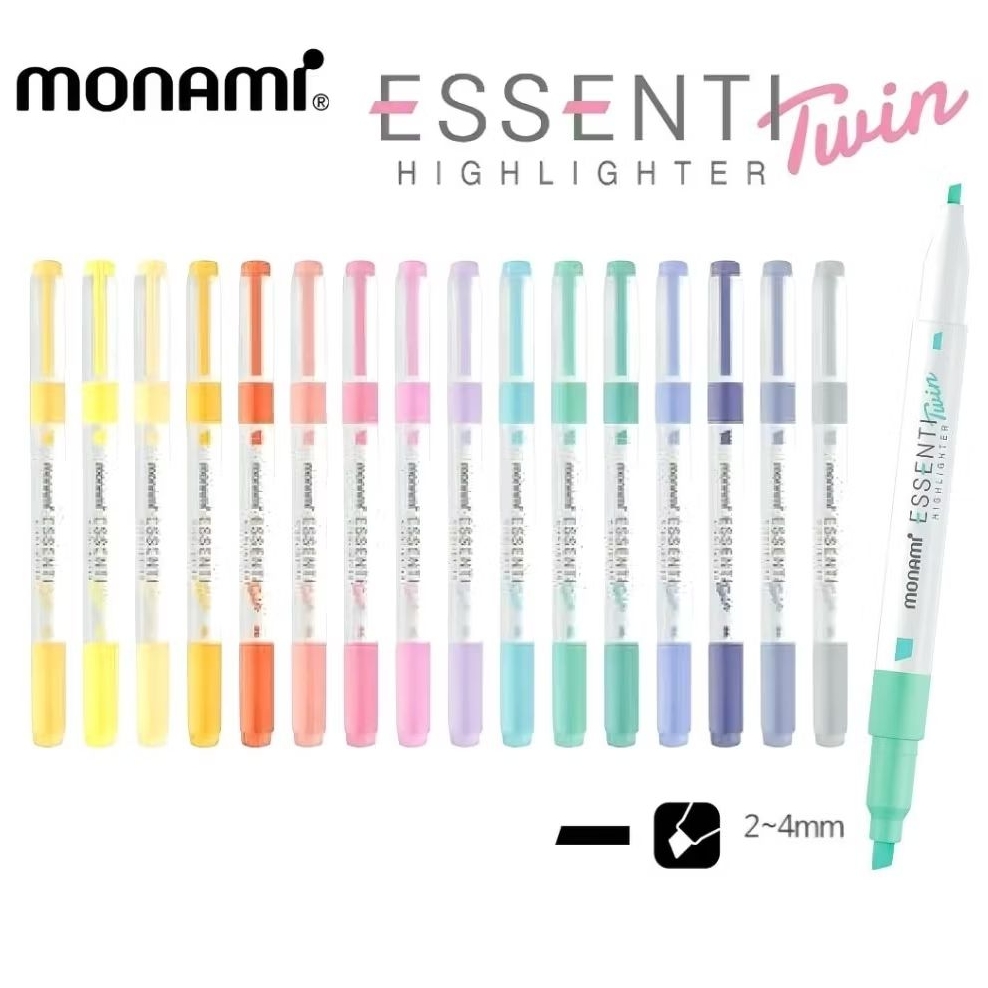 Monami ปากกาเน้นข้อความ 2 หัว รุ่น Essenti Twin Highlighter ปากกาเน้นข้อความหัวตัด 2 ด้าน ขนาด 2-4 มม. (ราคาต่อ 1 แท่ง)