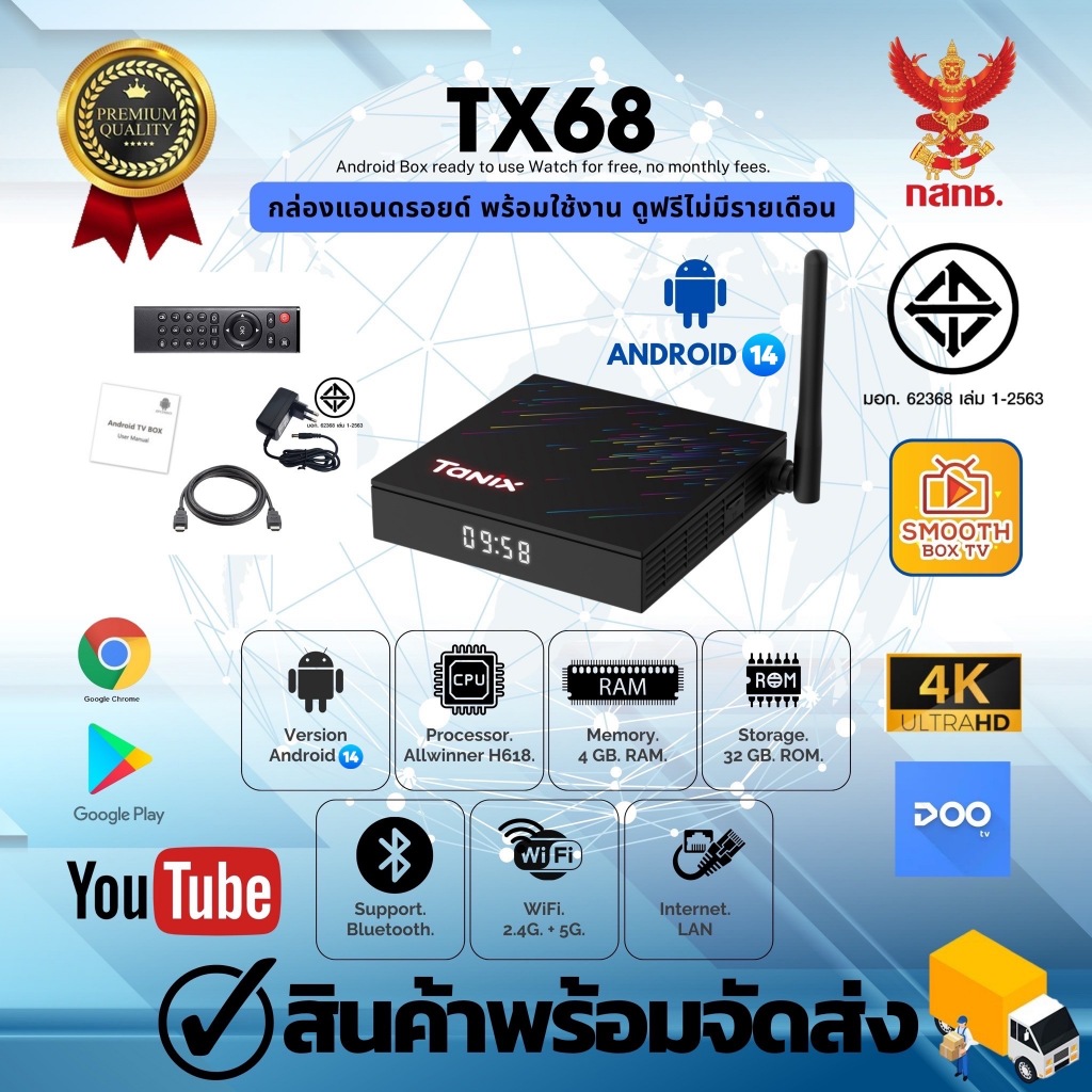 Android 14  รุ่น Tx68  Rom 32GB. Ram 4GB.   รองรับ Lan และ Wifi 2.4 / 5G มี Bluetooth