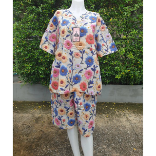 ชุดเชตผ้าฝ้ายผสมลินิน บิ้กไชส์ อก 48 นิ้ว คอวี ขาสามส่วน