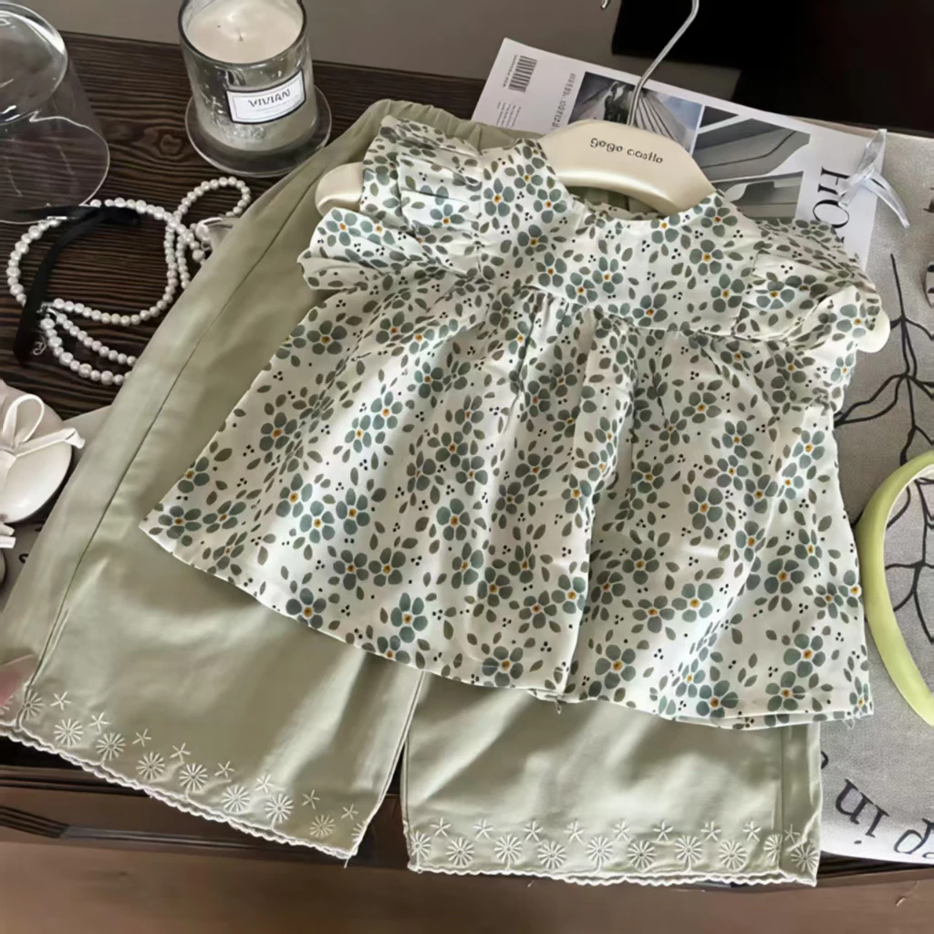 ชุดเสื้อผ้าเด็กผู้หญิง ผ้าฝ้าย ลายดอกไม้ สีเขียวอ่อน 5 เดือน-5 ปี ใส่สบาย ไม่ร้อน พร้อมส่ง