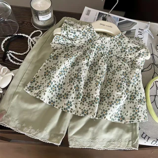 ชุดเสื้อผ้าเด็กผู้หญิง ผ้าฝ้าย ลายดอกไม้ สีเขียวอ่อน 5 เดือน-5 ปี ใส่สบาย ไม่ร้อน พร้อมส่ง