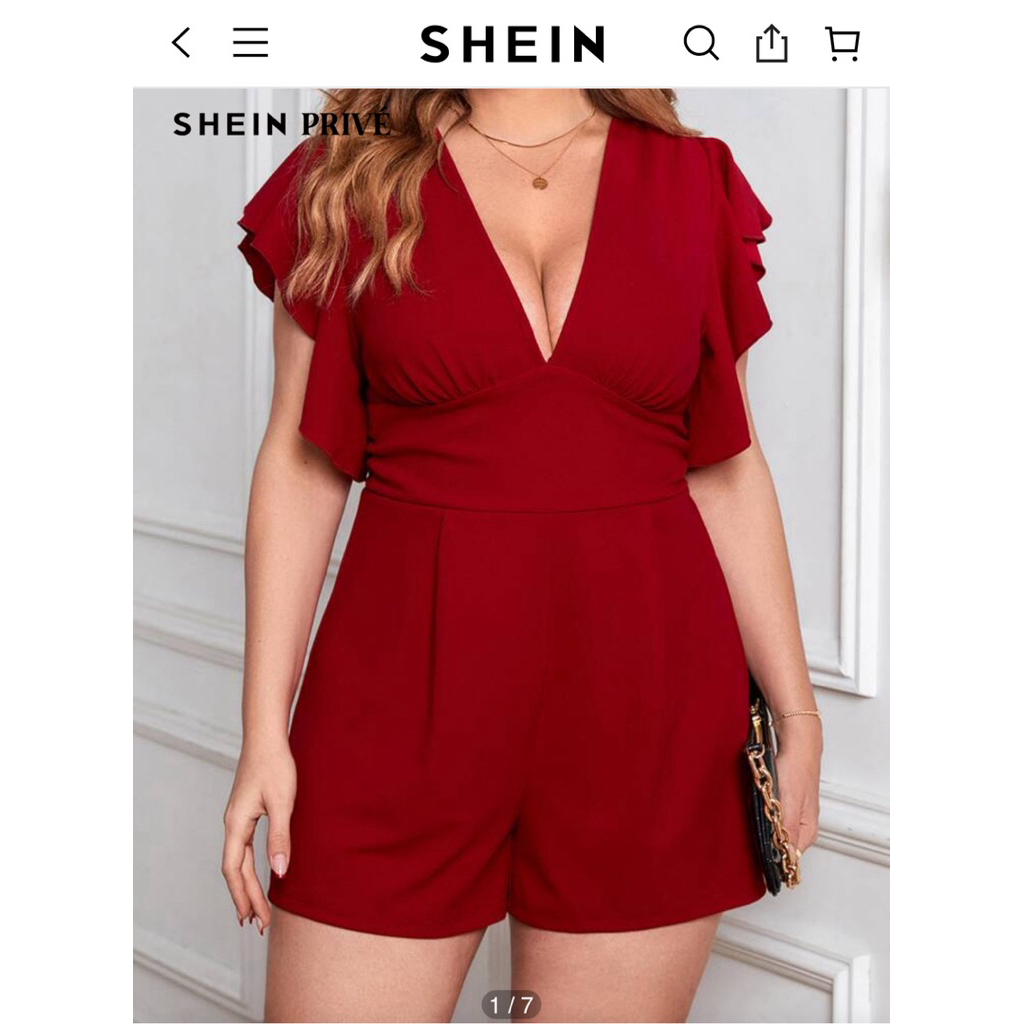 SHN Privé รอมเปอร์ คอลึก แขนผีเสื้อ จั๊มสูทขาสั้นสีแดงแขนระบายซิปหลัง ไซส์ XL สาวอวบ