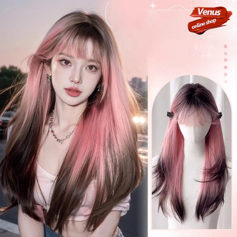 ✳️ขายดีที่สุด✳️ #SALE #  สีชมพูดำ วิกผมหญิง วิกผมลูกไม้ด้านหน้า 65CM-70CM วิกผมยาวลอน ทรงตรงธรรมชาติสุดๆ วิกผมยาว