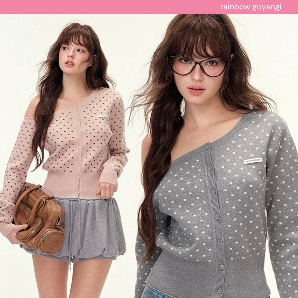 AFF FREEDOM One Shoulder Knit Cardigan pink/gray 🐰🎀🤍 เสื้อไหมพรมปาดไหล่