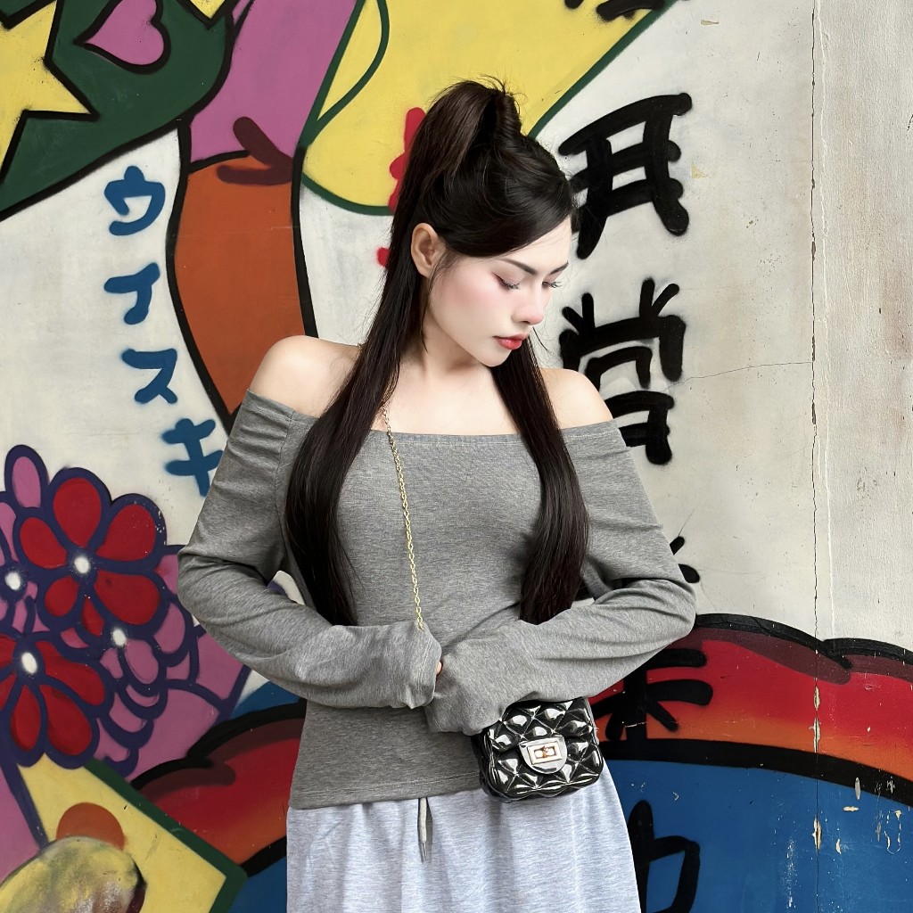 เสื้อปาดไหล่ แขนยาว ปาดไหล่แขนยาว ผ้าร่องยืดนิ่ม ใส่สบายสุดๆ สาวอวบก็ใส่ได้น้า พร้อมส่ง รุ่น ไวกิ้ง - รูปที่ 3