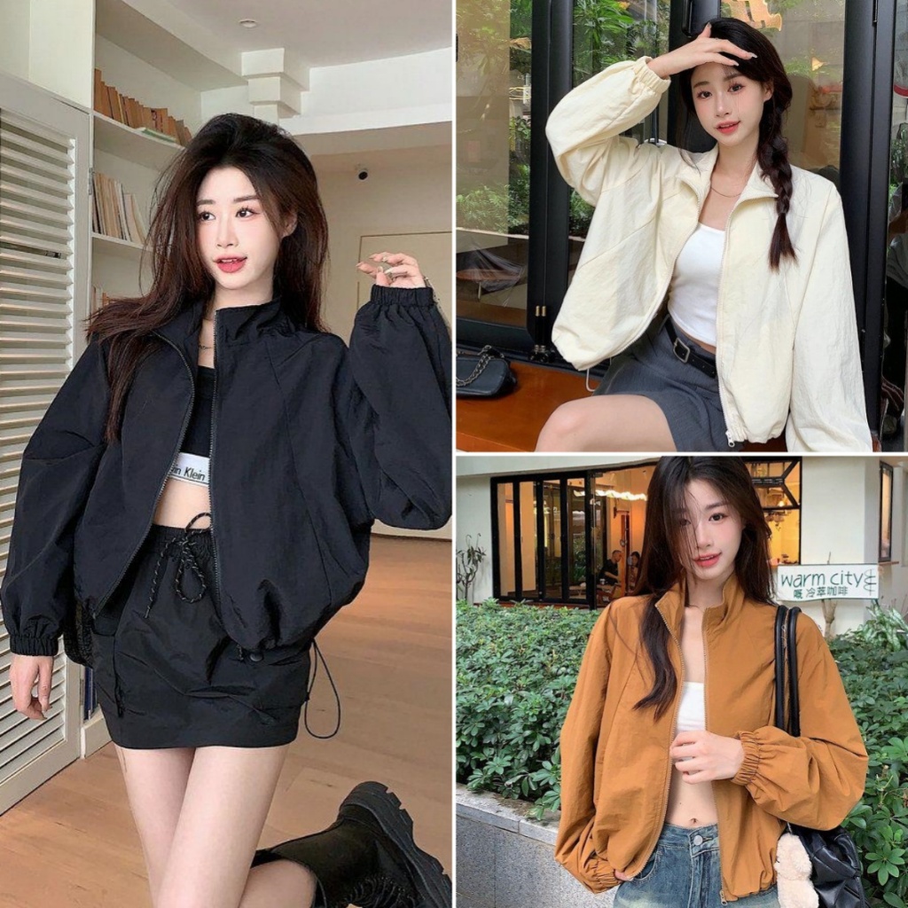 Bella shop เสื้อแจ็คเก็ตแขนยาวมีซิปสำหรับผู้หญิง เสื้อแจ็คเก็ตสั้นสไตล์เกาหลีเรียบง่ายสีพื้น ผ่อนคลายและสบายๆ