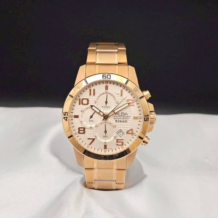 นาฬิกาผู้ชาย ALBA Japan รุ่น AM3186X1 ตัวเรือนพิ้งโกลด์ จับเวลา ระบบควอตซ์ ประกัน 1ปี