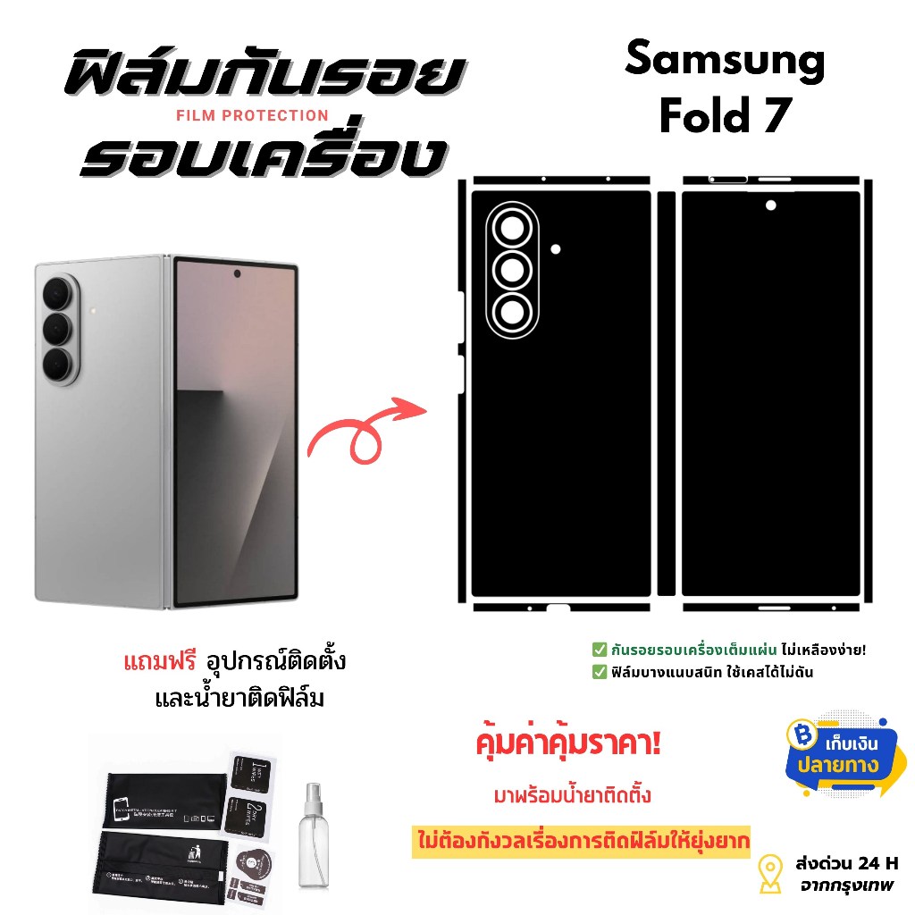 ฟิล์มกันรอยด้านหลังและขอบข้างสำหรับ Samsung Galaxy Z Fold 7 | ครอบคลุมรอบเครื่อง ป้องกันรอยเต็มขั้น