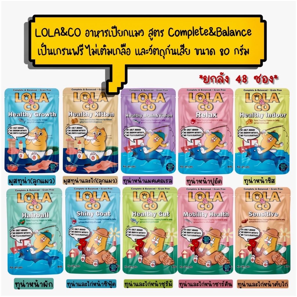 (ยกลัง 48 ซอง) Lola&Co อาหารเปียกแมว สำหรับแมว 2 เดือนขึ้นไป สูตร Complete & Balanced ขนาด 80 กรัม
