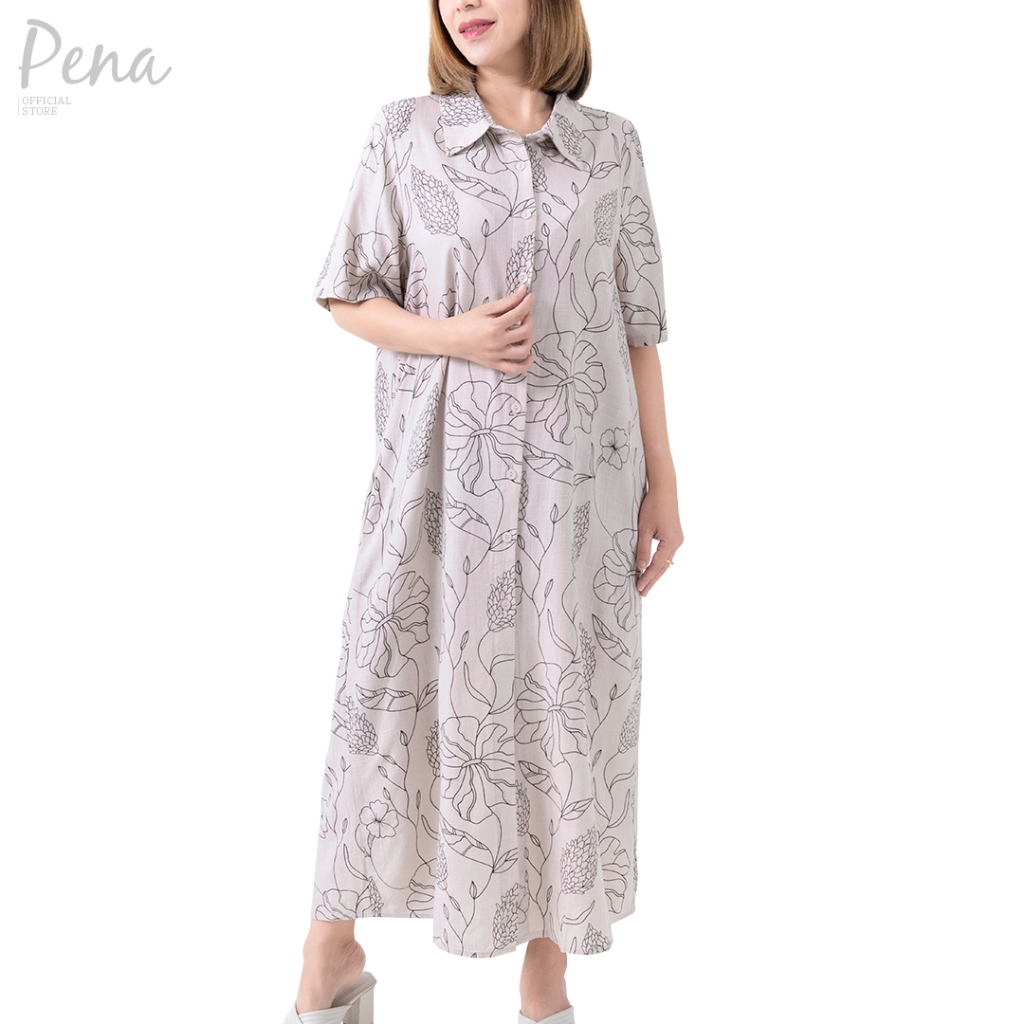 Pena house ชุดเดรสยาวทรงหลวม คอปก แขนสั้น PWDL082501