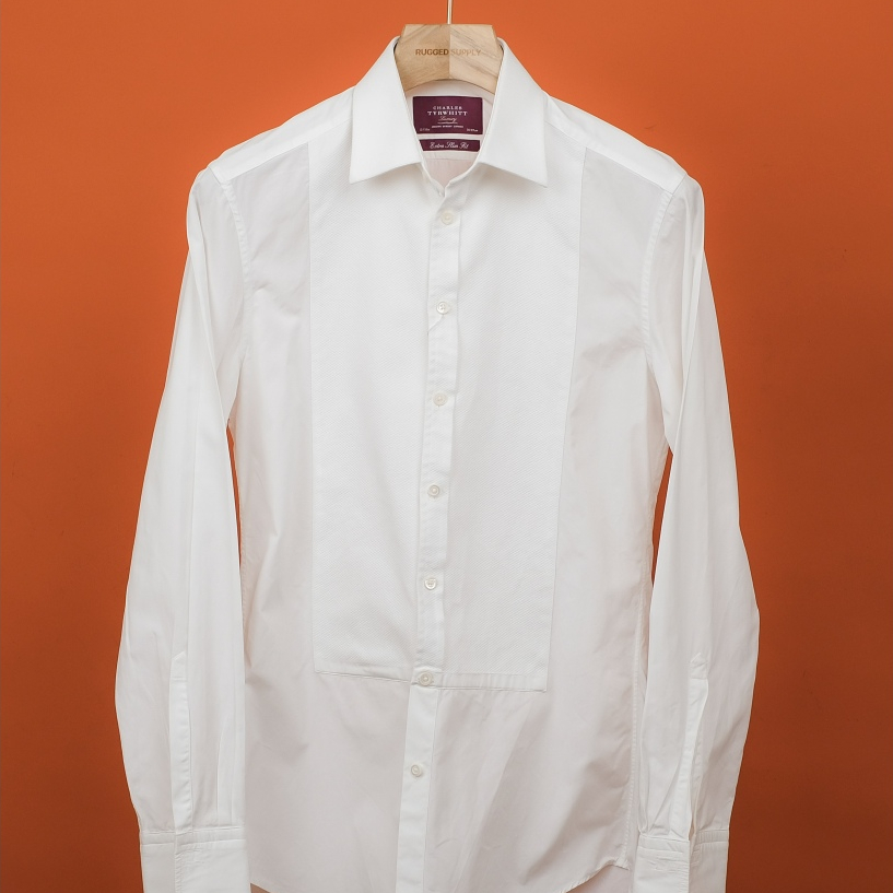 S - CHARLES TYRWHITT White Spread Collar Luxury Cotton Tuxedo Shirt