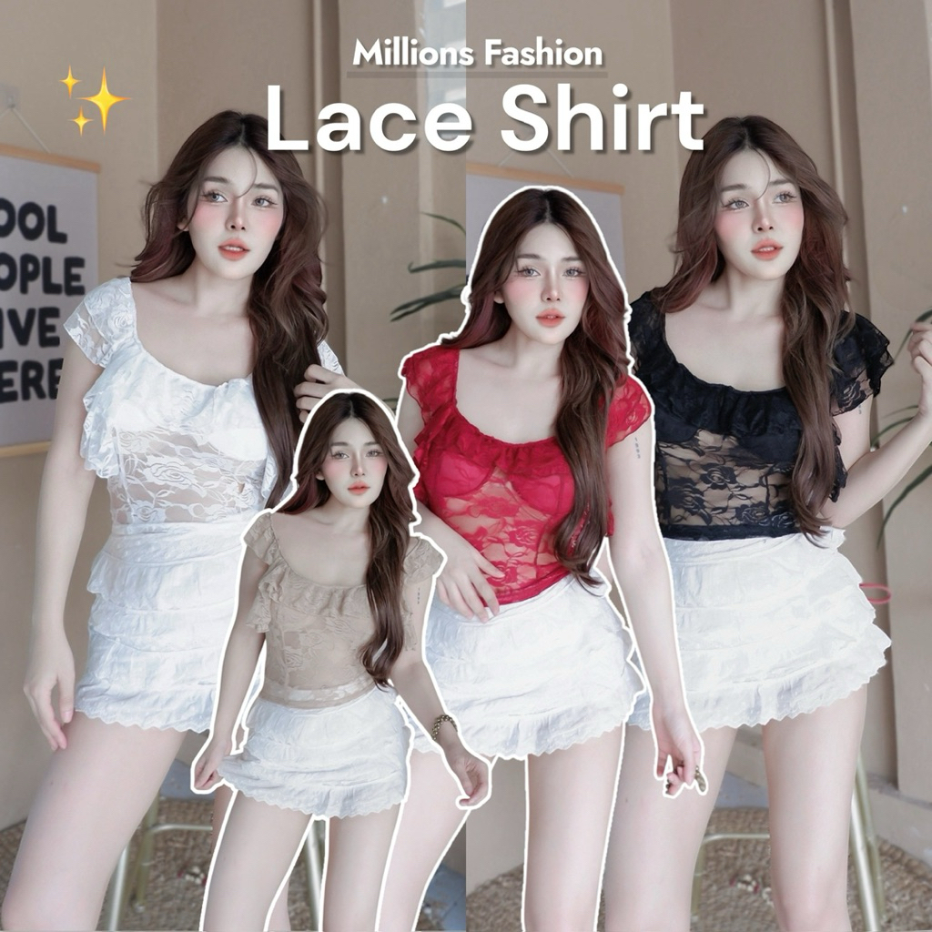 ✨Kaidee99✨ เสื้อครอป แขนระบาย เสริมฟองน้ำ ผ้าลูกไม้