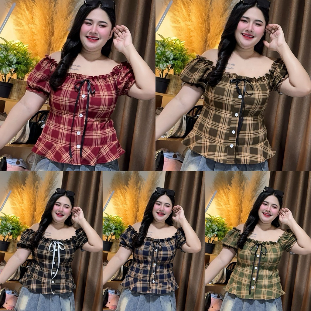 ✅ถูกที่สุด  เสื้อสาวอวบ สายสก็อตน่ารัก แต่งกระดุมหลอก ดอกไม้  (A83)