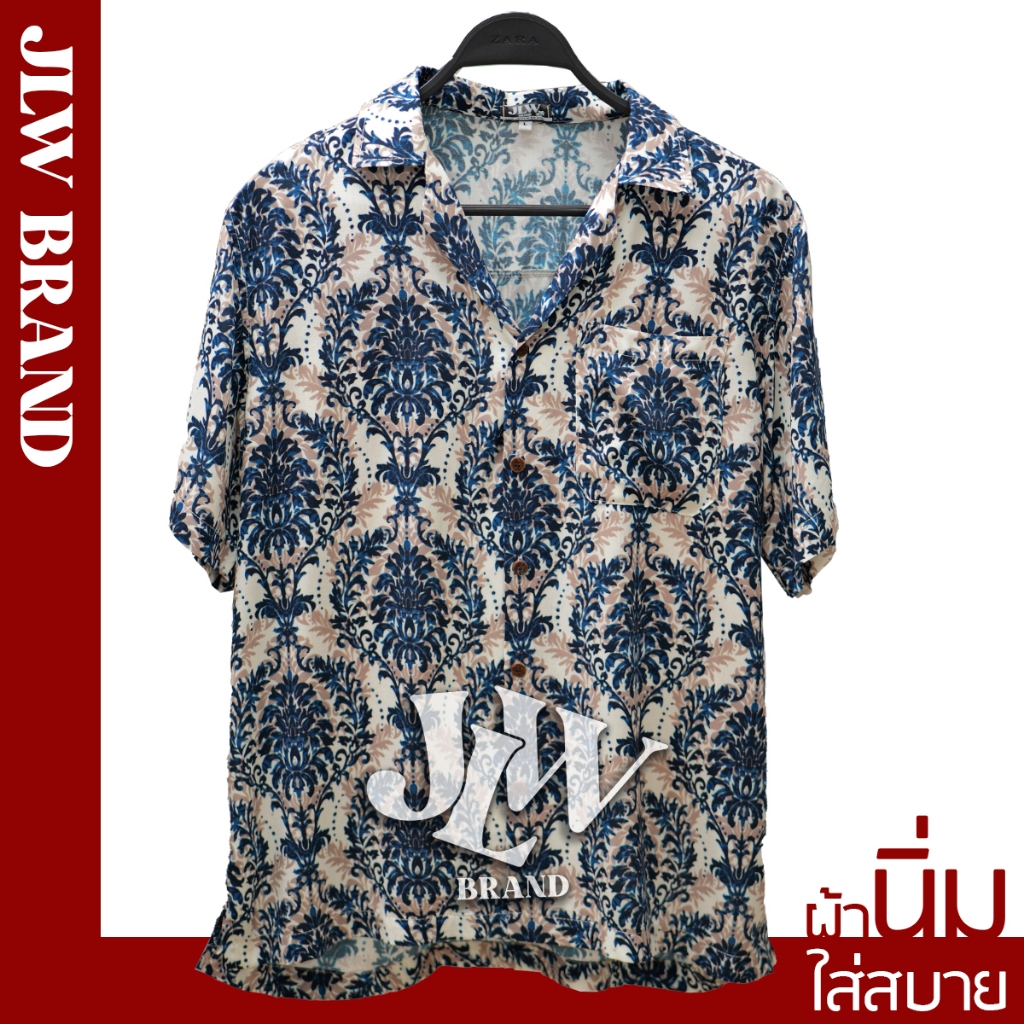 เสื้อฮาวาย ลายไทย กรม ผ้านิ่ม M L XL Oversize คอฮาวาย JLW BRAND