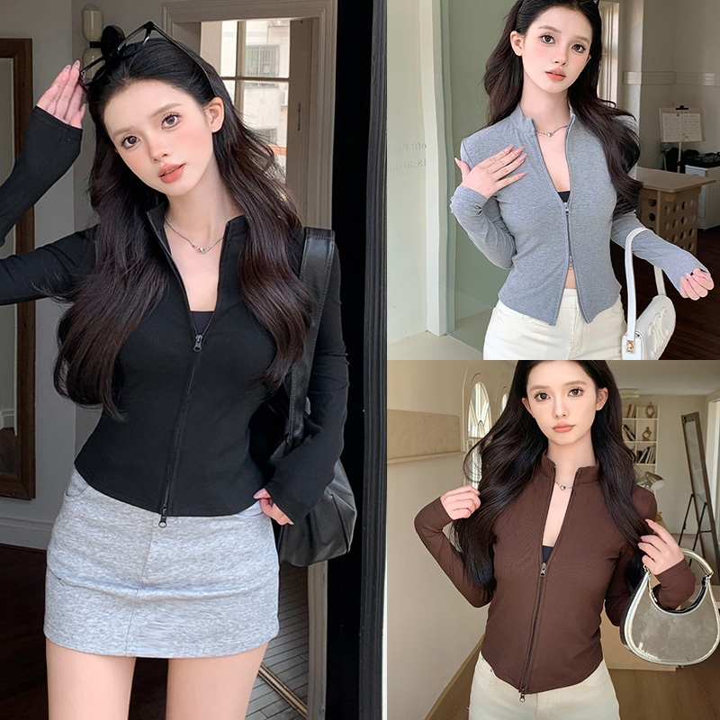 พร้อมส่ง✨เสื้อแขนยาว ทรงครอป คอตั้ง ซิปหน้าใช้งานได้จริง แอบเซ็กซี่เบาๆ ผู้หญิง ทรงเข้ารูป #F004