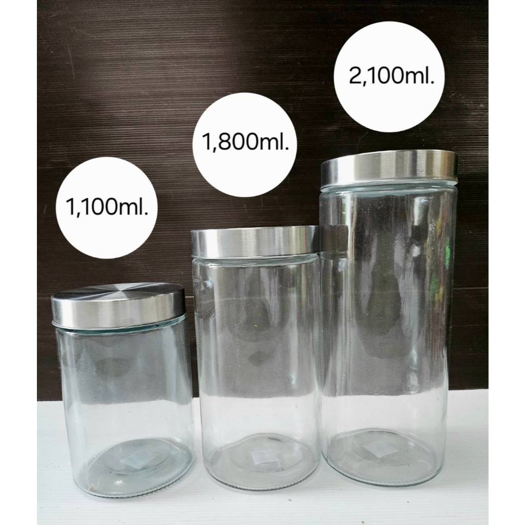 โหลแก้วใสฝาสแตนเลส ทรงกลม  ดีไซน์มินิมอล  1,100 ml. / 1,800 ml./ 2,100 ml.(จัดส่งจากไทย)