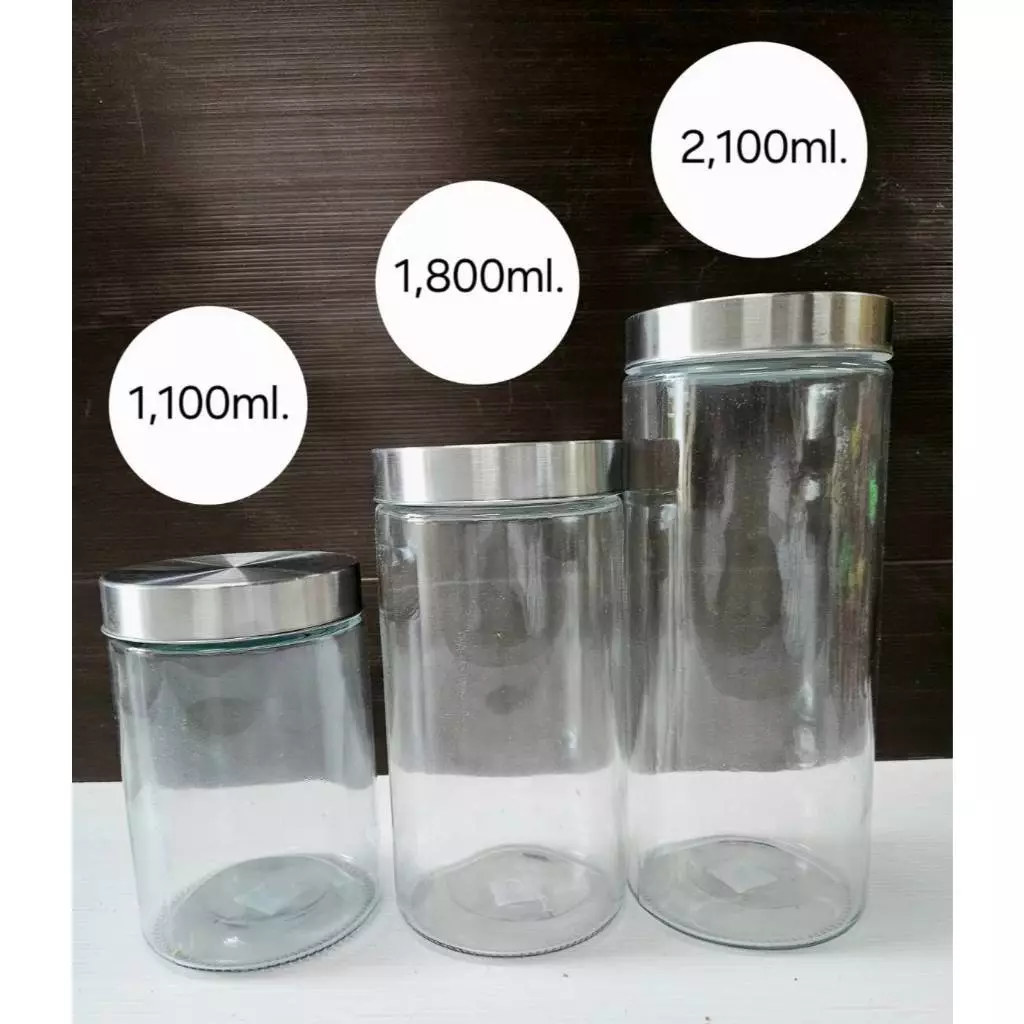 โหลแก้วใสฝาสแตนเลส ทรงกลม ดีไซน์มินิมอล 1,100 ml. / 1,800 ml./ 2,100 ml.(จัดส่งจากไทย)