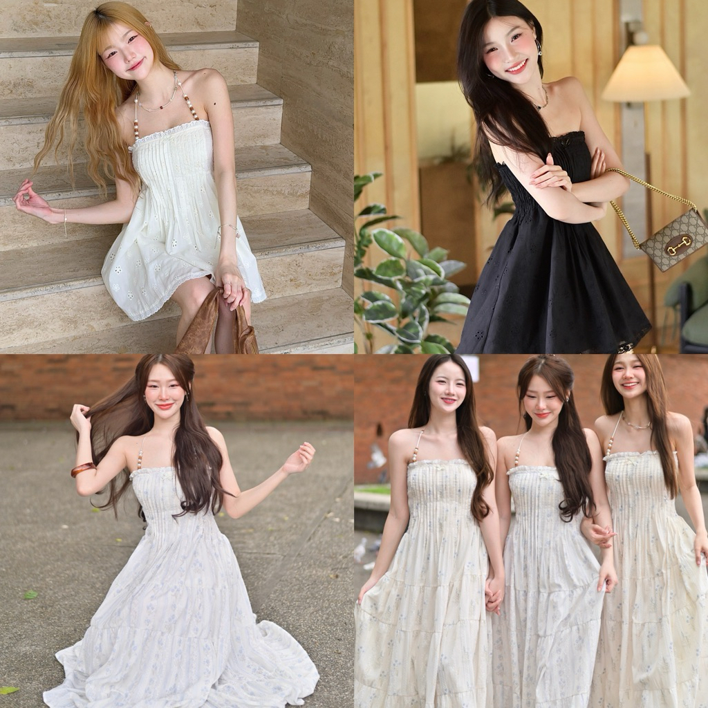 oakland’s dress • เดรสเกาะอกลูกไม้ แต่งดีเทลสายมุกผสมไม้ • NARY