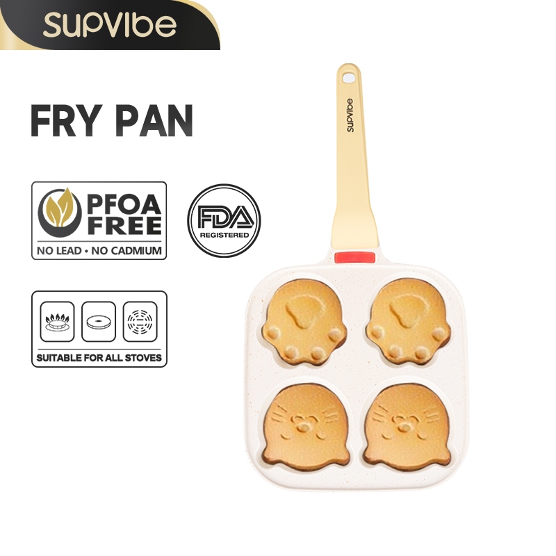 SUPVIBE กระทะไม่ติด 4 หลุม อุ้งมือแมว หัวแมว หม้อเคลือบหินแพทย์ ทอดไส้เบอร์เกอร์ให้มี เบอร์เกอร์ไข่ ทอดมัฟฟิน