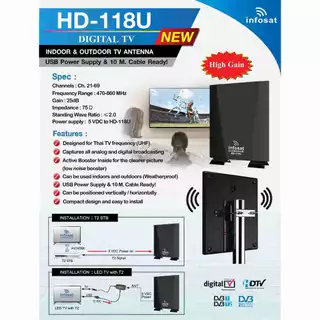INFOSAT รุ่น HD-118U เสาทีวีดิจิตอล outdoor-indoor สำหรับรับชมดิจิตอลทีวี แถมฟรี Booster ในกล่อง