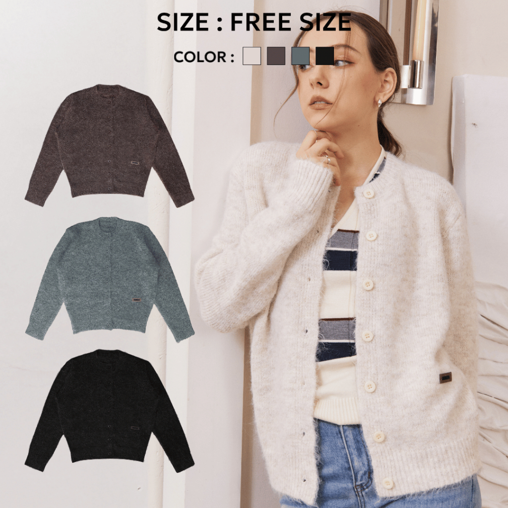 Bemingtop998(Freesize)-BMG Label Soft Knit คาร์ดิแกนทรงนุ่มฟู พร้อมป้ายหนัง BEMING ที่ใครเห็นก็จำได้