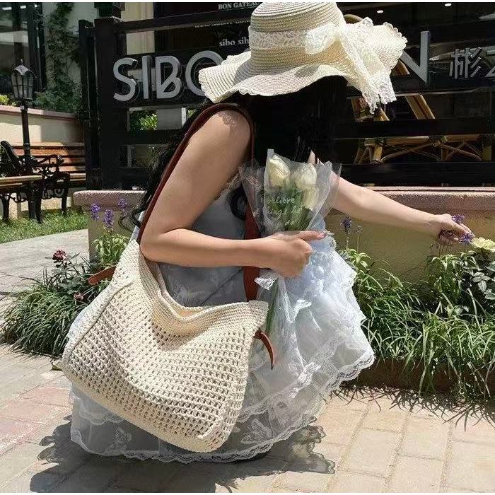 B241）Knitted hollow grass woven women's bag, new lazy vacation style crossbody bag, large capacity tote bag