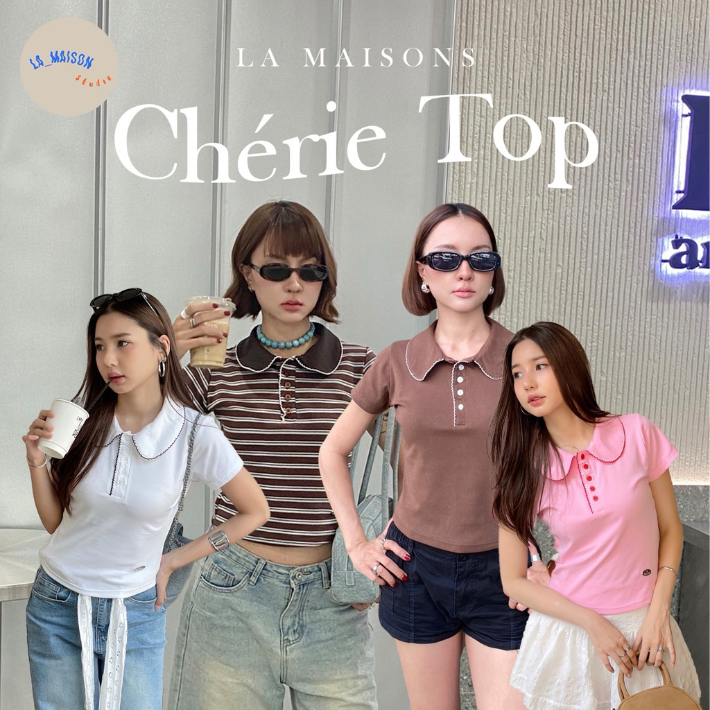 เสื้อโปโล แขนสั้น มีดีเทลปักคอปก Chérie Polo Top