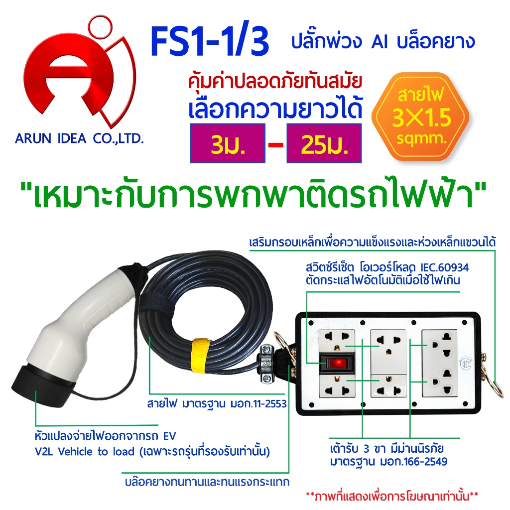 ปลั๊กพ่วง ปลั๊กไฟ รถไฟฟ้า V2L MG BYD AION NETA ORA LEAP MOTOR AVATR ตะขอ ห่วงเหล็ก สาย3x1.5 มอก 3ม. 