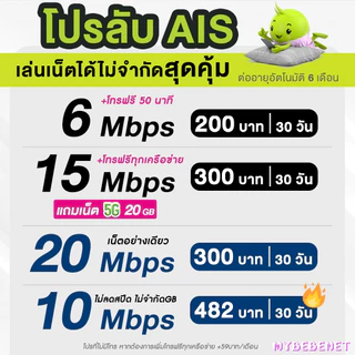 ซิมเอไอเอส AIS เน็ตไม่อั้น ไม่ลดสปีด 6 Mbps (40GB) + โทรฟรีทุกเครือข่าย (จำกัด 1 ซิม / 1 ท่าน) FREE AIS Wifi