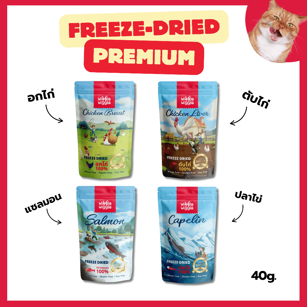 Wiggle Wiggle ฟรีซดรายแมว Freeze Dried Cat ขนมแมว มีเลขทะเบียนอาหารสัตว์ วัตถุดิบระดับ Human Grade ขนาด40กรัม
