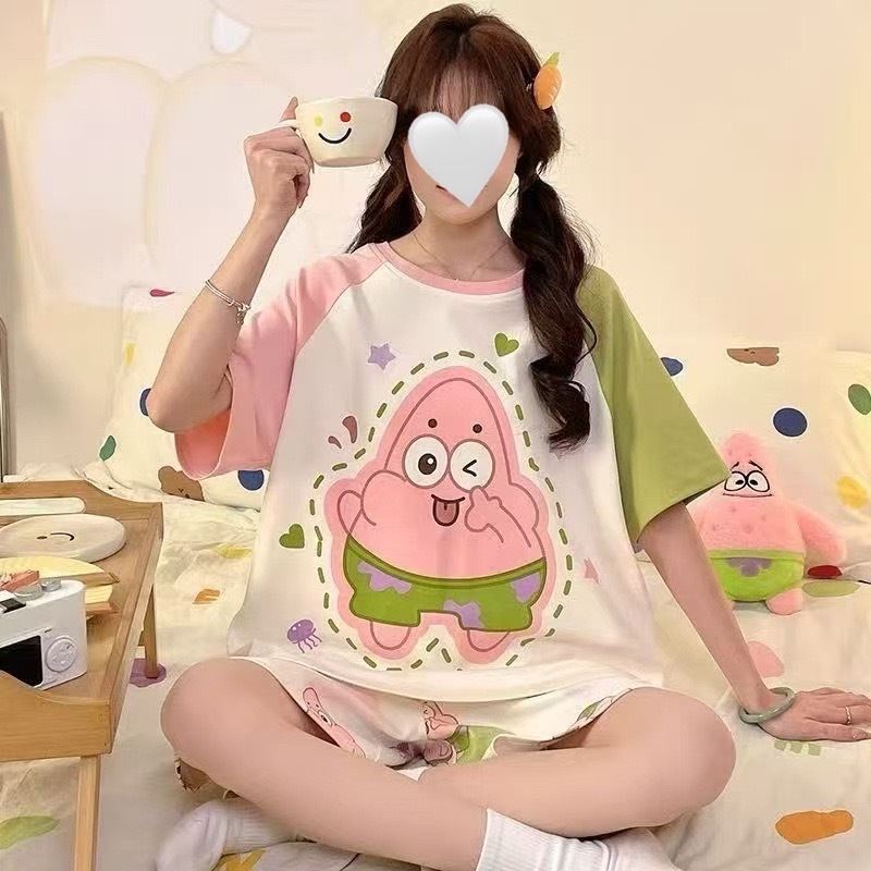 FS ชุดนอนเสื้อแขนสั้น+กางเกงขาสั้นลายการ์ตูน น่ารักๆ สไตล์เกาหลี 2ชิ้น สําหรับผู้หญิง พร้อมส่งจากไทย