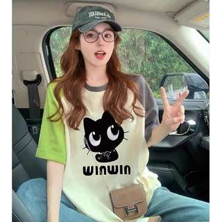 เสื้อยืดสวยๆผู้หญิงลายการ์ตูนน่ารักๆ oversize เสื้อผ้าสาวอวบไซซ์ใหญ่ แฟชั่น เสื้อโอเวอร์ไซส์เกาหลี ไหล่สโลป ทูโทน มาใหม่