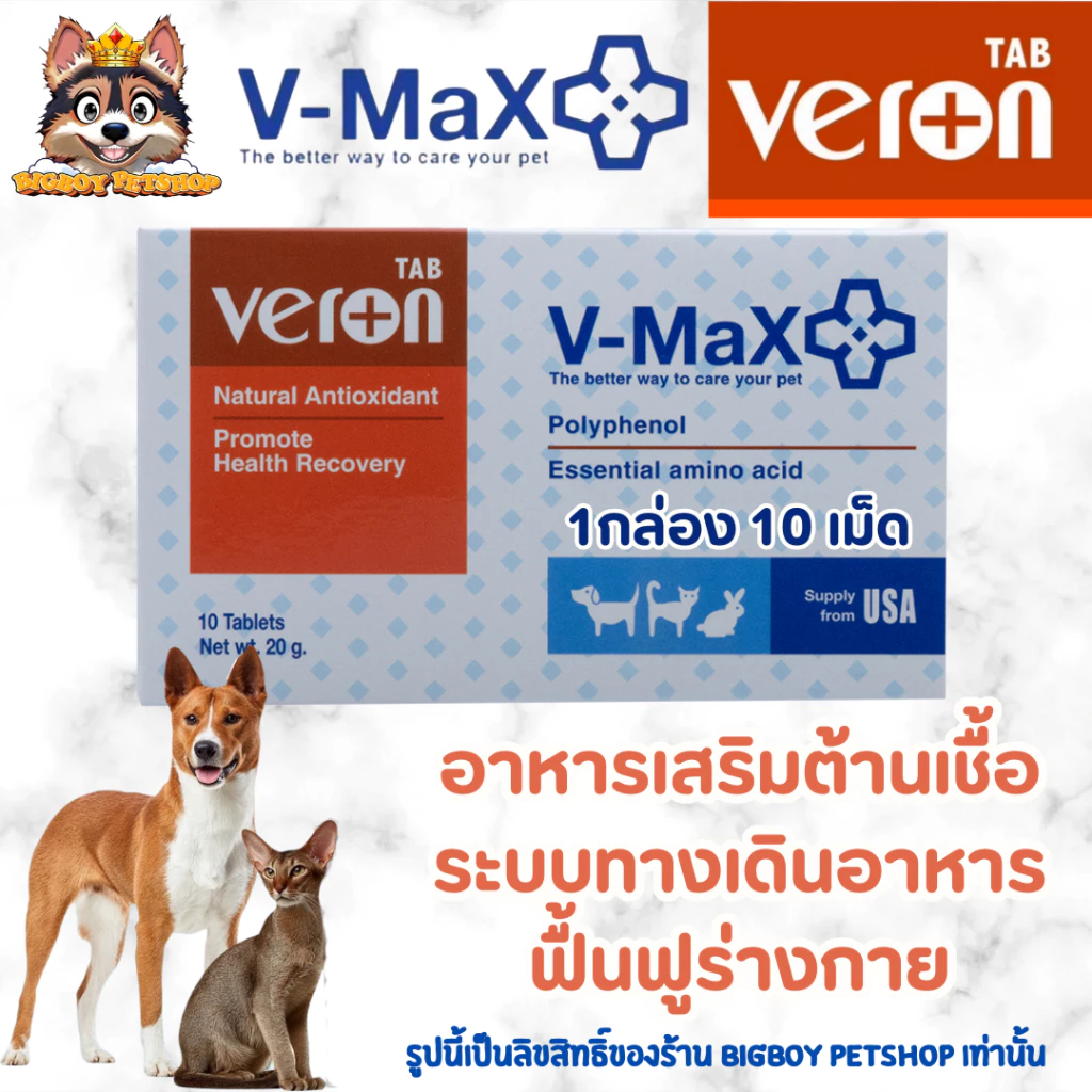 🔥ถูกที่สุด!! V-Max Veron อาหารเสริมต้านเชื้อ ลดความผิดปกติของทางเดินอาหาร สำหรับสัตว์เลี้ยง บรรจุ 10 เม็ด