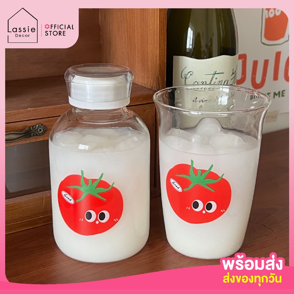 NEW 🌟 แก้วใสลายมะเขือเทศ Tomato Cutie 🍅 แก้วใส ขวดแก้ว แก้วน้ำ โฮมคาเฟ่สุดน่ารัก Lassie decor 💖