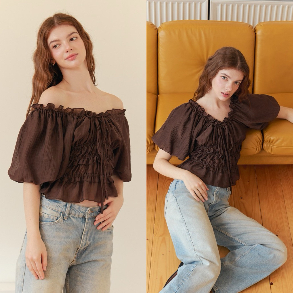 (8สี 3ไซส์) Pumpkin top เสื้อแขนพองผูกหน้า ปาดไหล่ รุ่น T99 - Mesave - รูปที่ 4