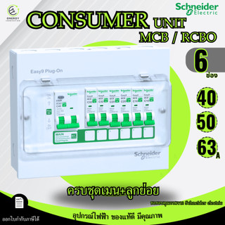 Schneider ตู้คอนซูมเมอร์ยูนิต+เมน+ลูกย่อย MCB/RCBO รุ่น Easy On 9 6ช่อง พร้อมใช้งาน 40/50/63A ธรรมดา กันดูดกันไฟรั่ว