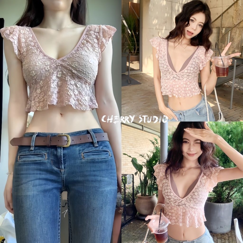 Cherry พร้อมส่ง🍒เสื้อครอปเสื้อลูกไม้คอวีลึกซีทรูเซ็กซี่ ลายดอกไม้แขนตุ๊กตาสีชมพูสุดฮอตสไตล์ฝรั่งเศสแฟชั่นลำลองผู้หญิง